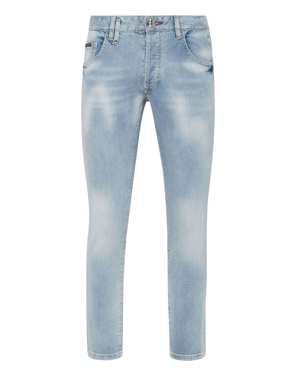 Embroidered Denim Trousers Skinny Fit Skull Ice Cube