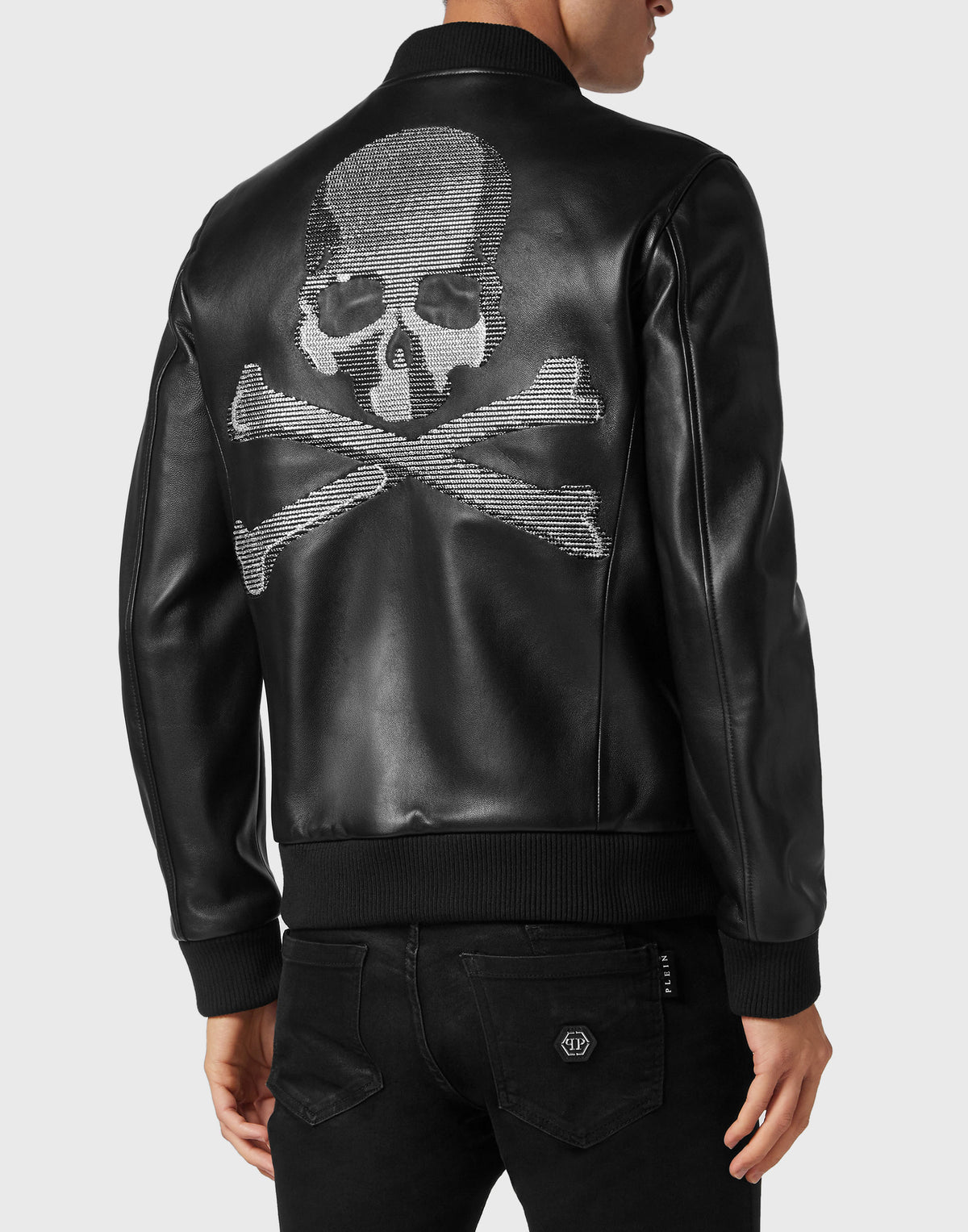 Leather Bomber with Crystals Skull&Bones black