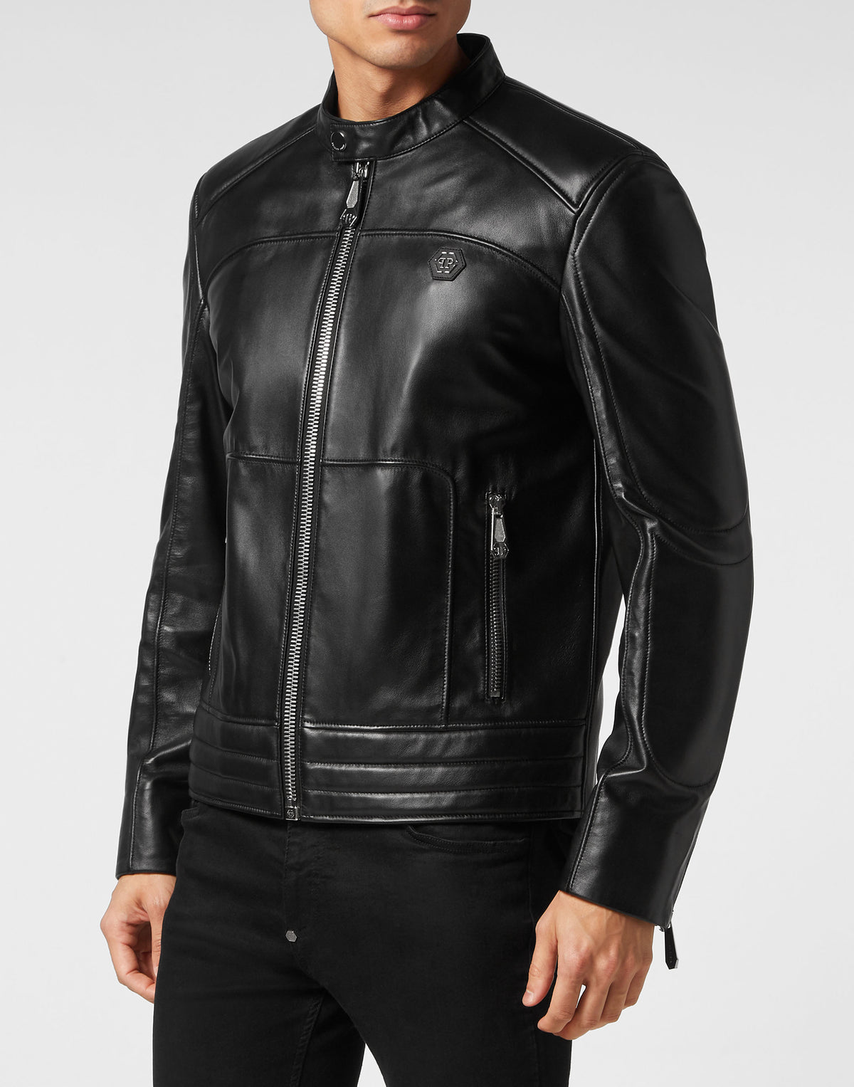 Padded Leather Biker Jacket black