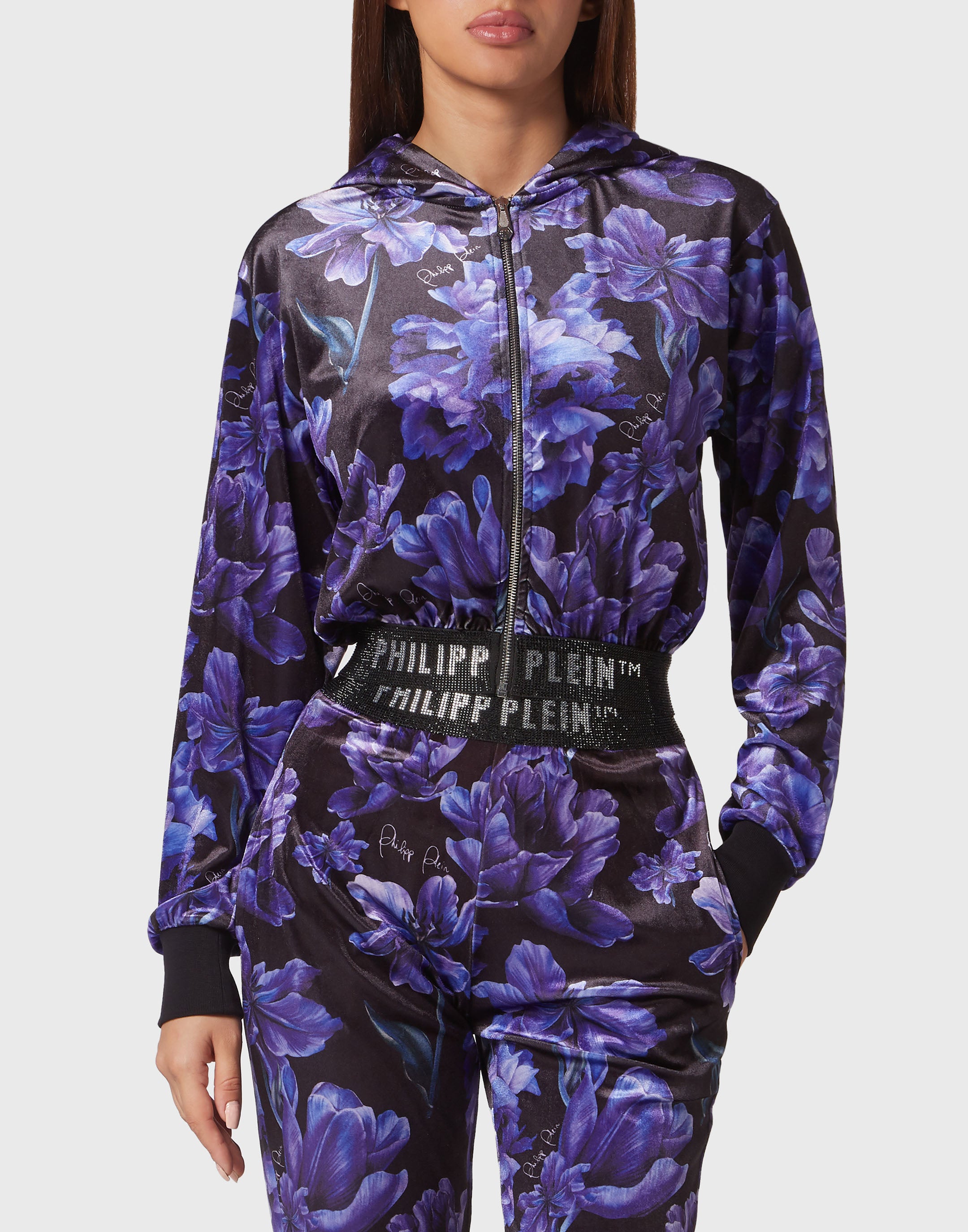 Cropped Hoodie Sweatjacket Flowers black