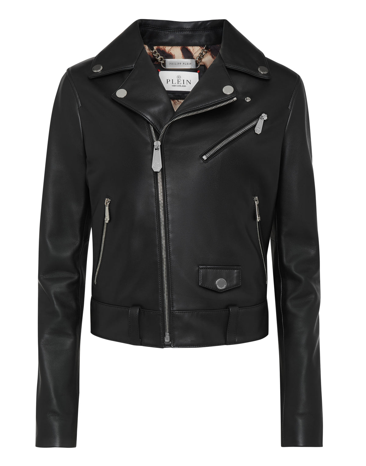 Leather Boxy Biker Jacket with Crystals black