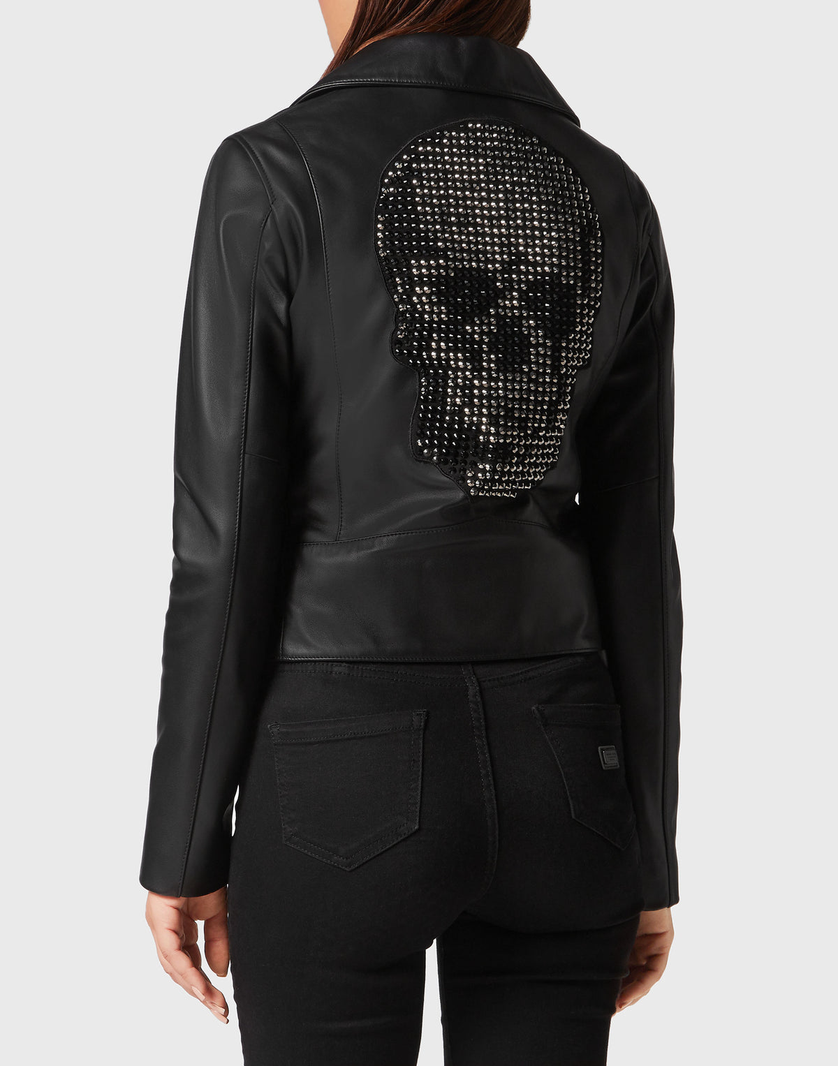 Leather Boxy Biker Jacket with Crystals black