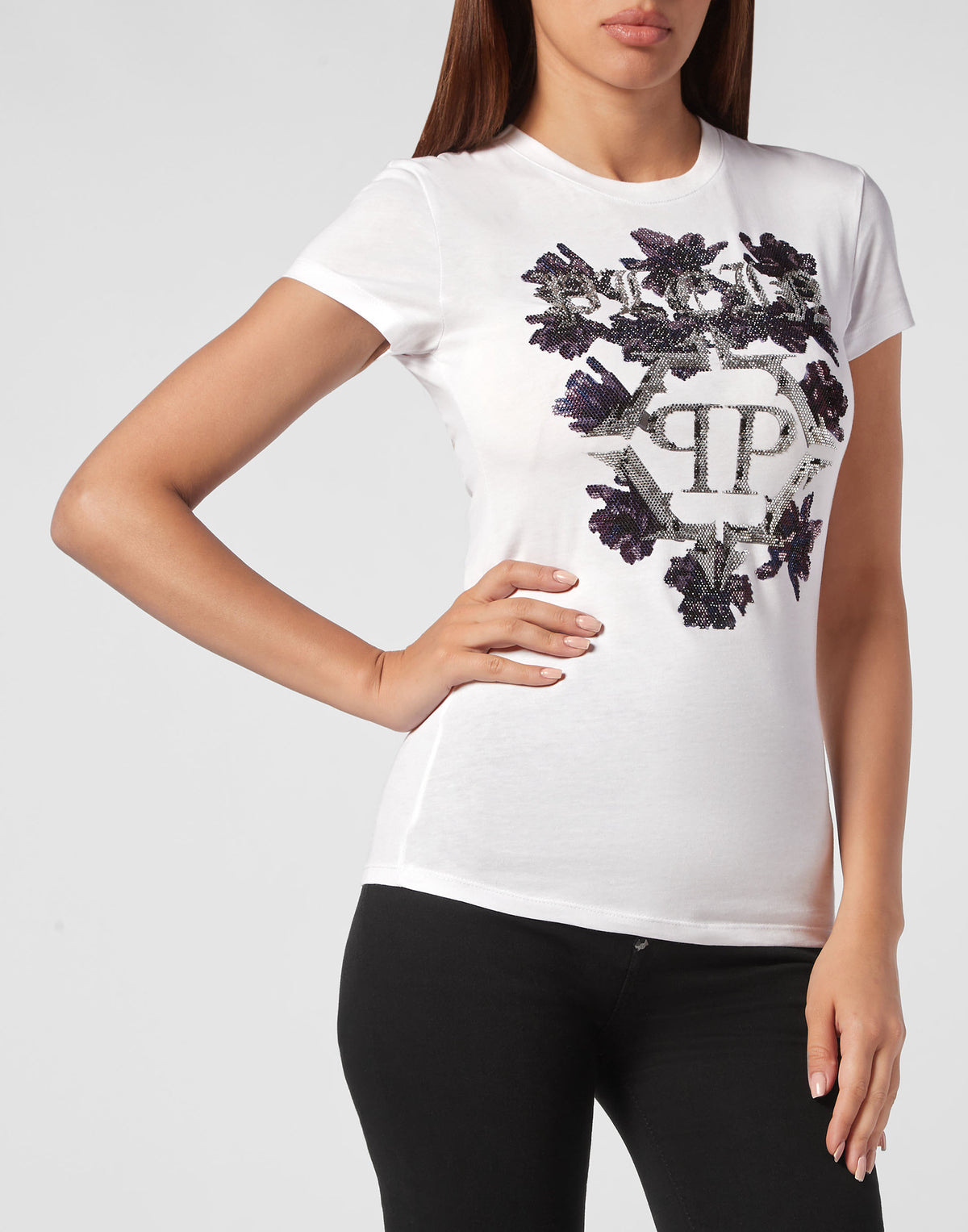 T-shirt Round Neck Sexy Pure Fit Flowers white