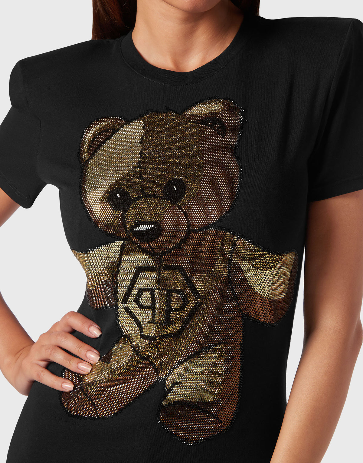 Padded Shoulder Sleeveless T-Shirt Sexy Pure Fit with Crystals Teddy Bear black