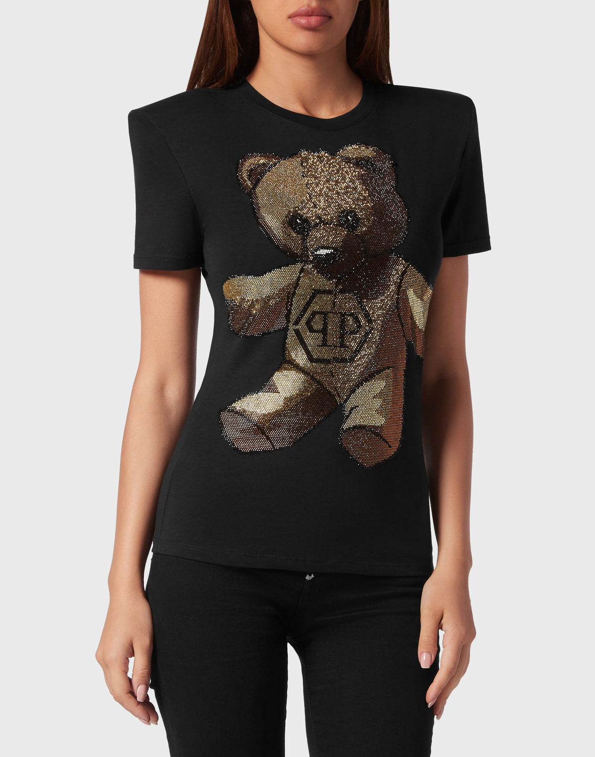 Padded Shoulder Sleeveless T-Shirt Sexy Pure Fit with Crystals Teddy Bear black