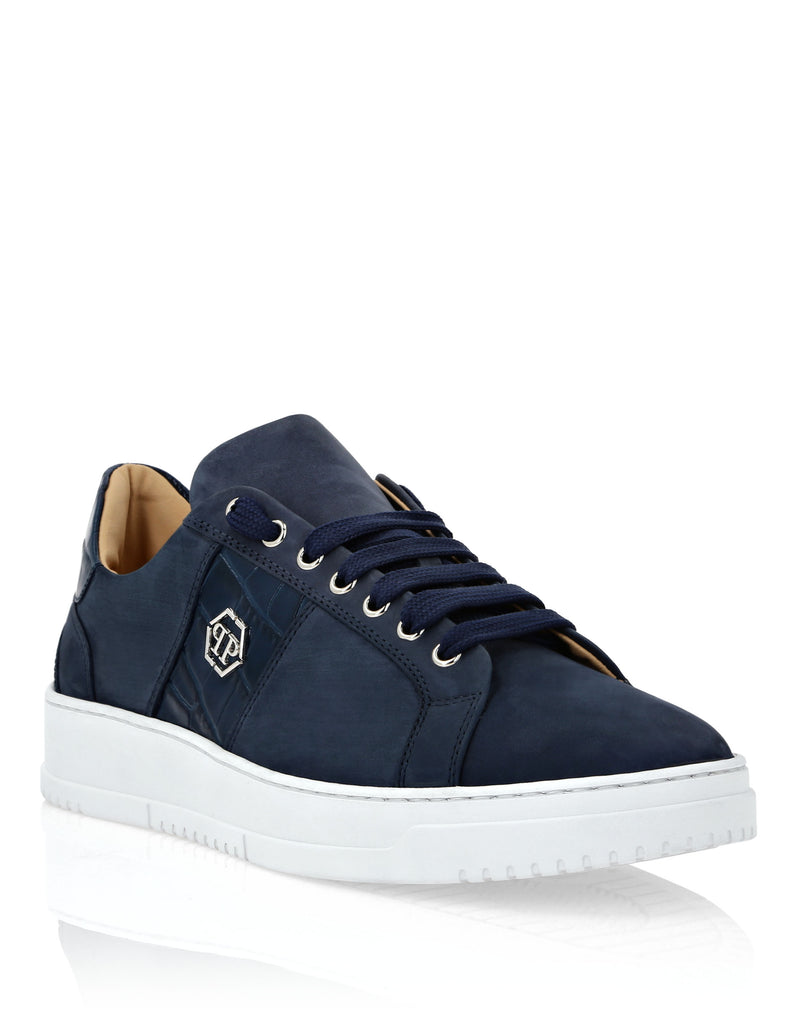 Nabuk Lo-Top Sneakers with Croco Print Hexagon dark blue-YC Group|Luxury Fashion