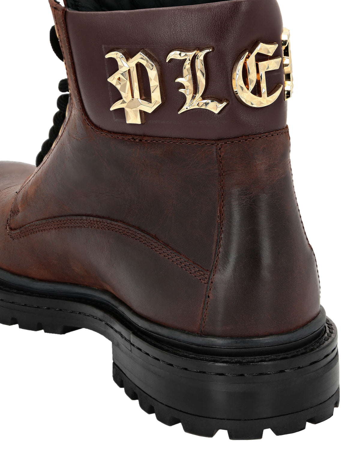 Leather Boots Mid Flat Gothic Plein dark brown