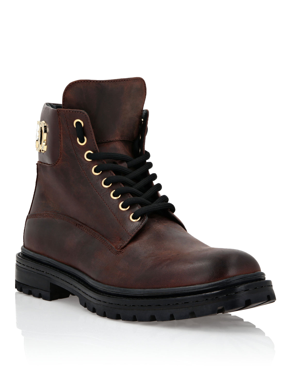 Leather Boots Mid Flat Gothic Plein dark brown