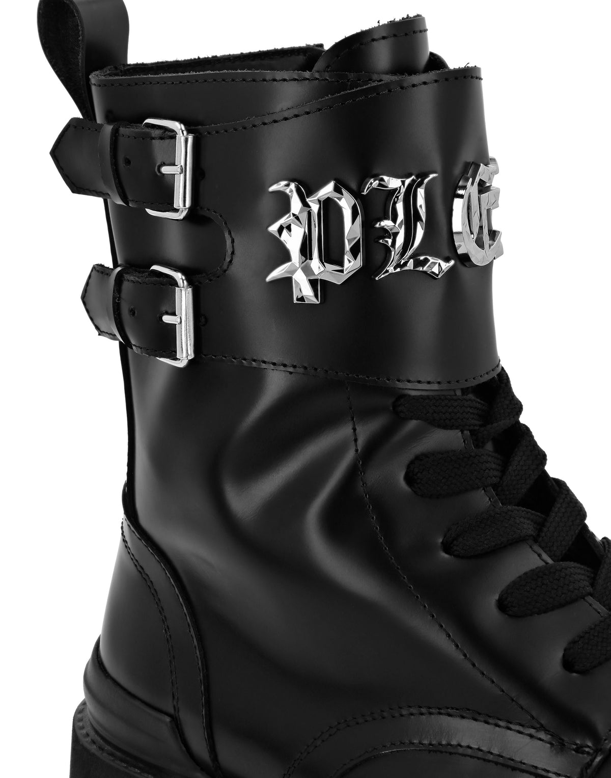Leather Boots Mid Flat Gothic Plein black
