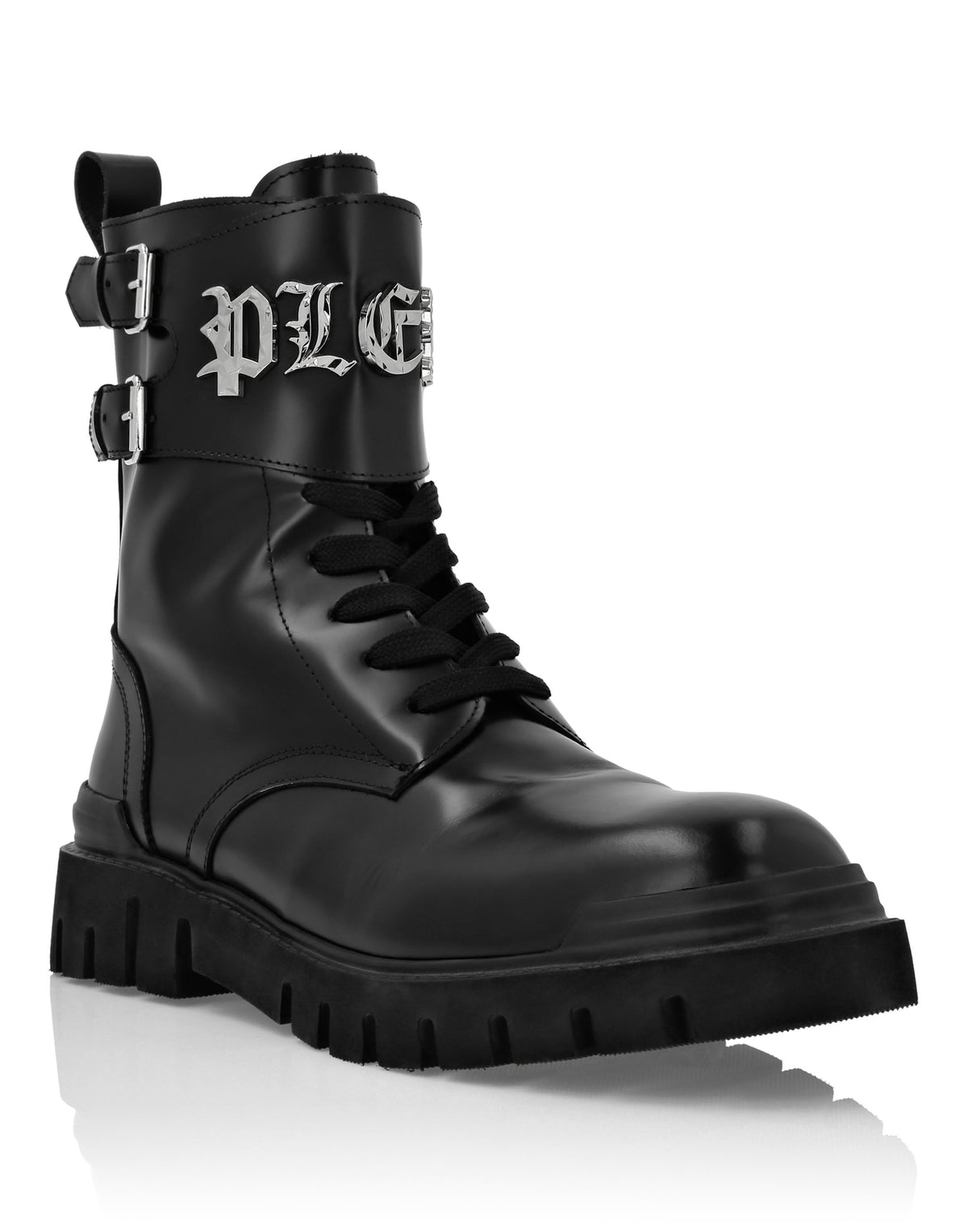 Leather Boots Mid Flat Gothic Plein black