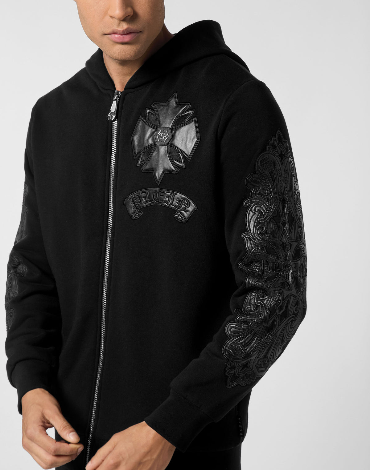 Zip Hoodie with Leather Inserts Chrome Crest-YC Group|Luxury Fashion