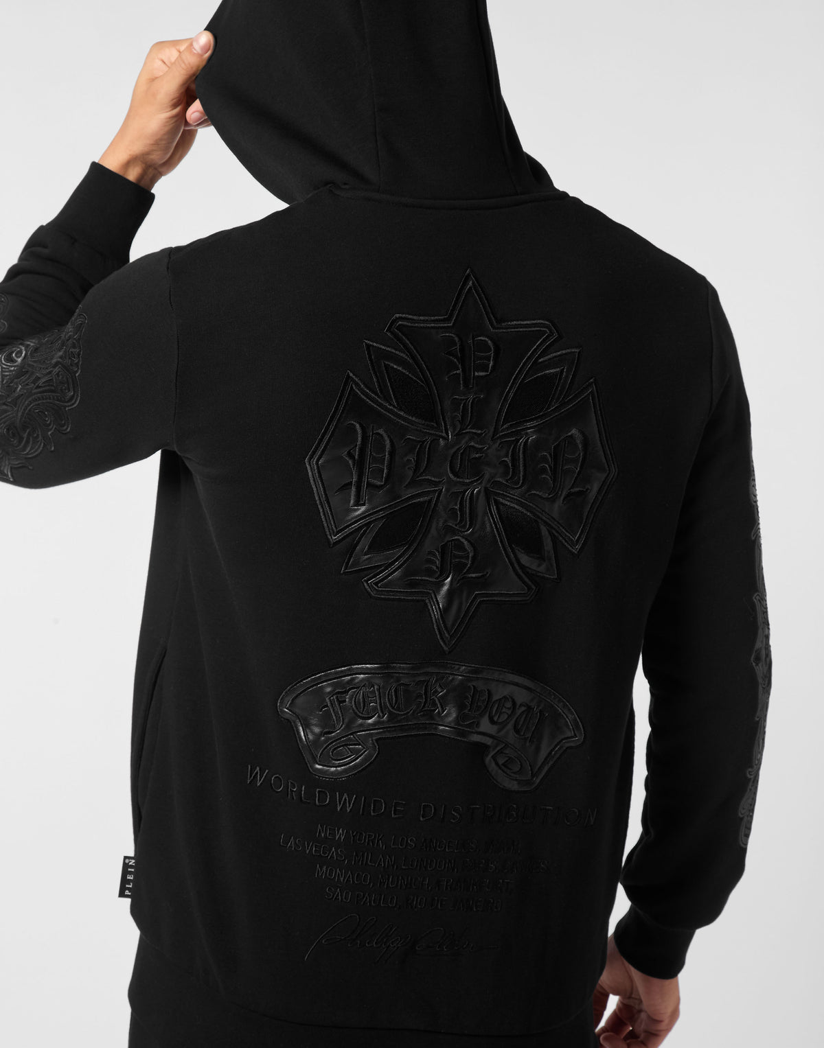Zip Hoodie with Leather Inserts Chrome Crest-YC Group|Luxury Fashion
