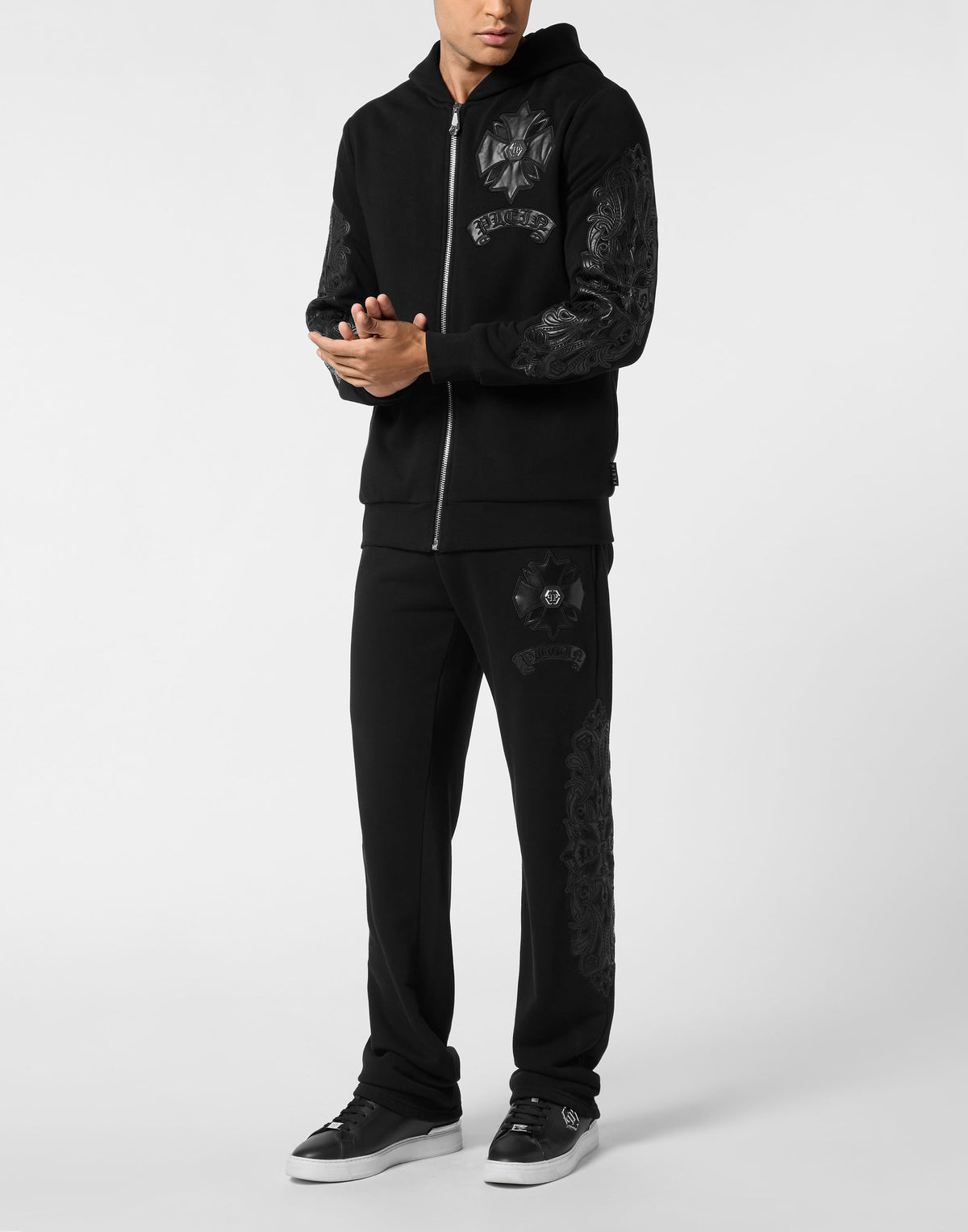 Zip Hoodie with Leather Inserts Chrome Crest-YC Group|Luxury Fashion