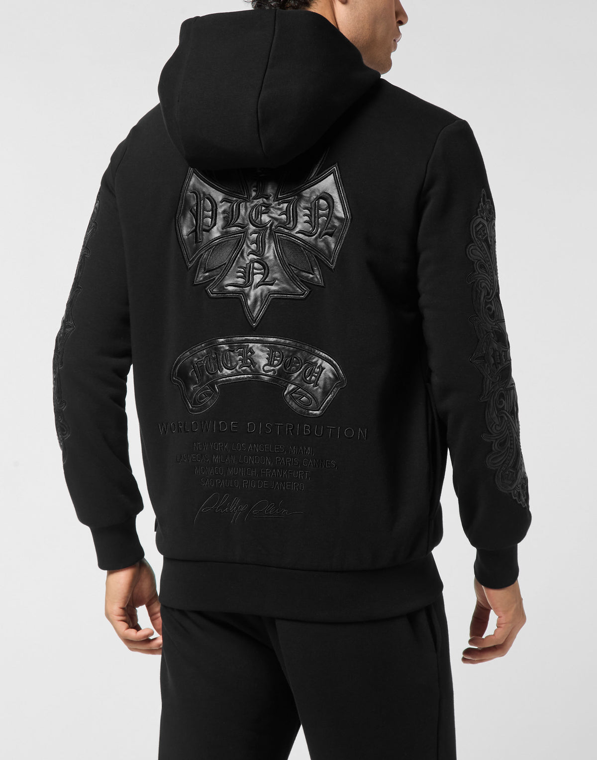 Zip Hoodie with Leather Inserts Chrome Crest-YC Group|Luxury Fashion