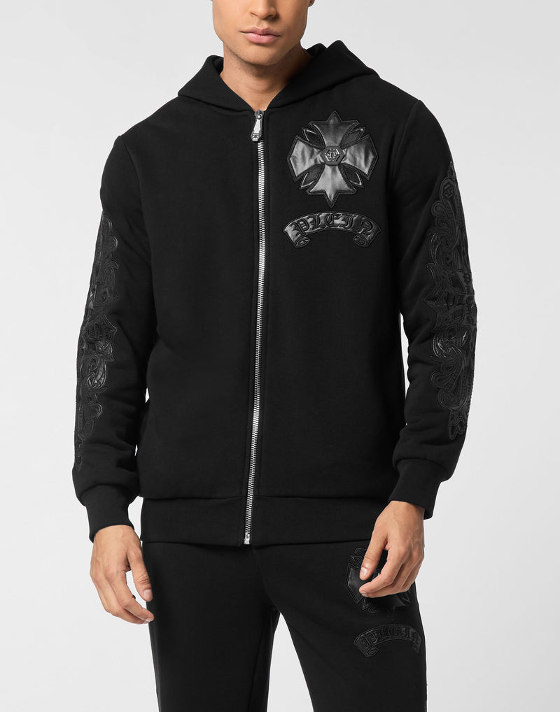 Zip Hoodie with Leather Inserts Chrome Crest-YC Group|Luxury Fashion