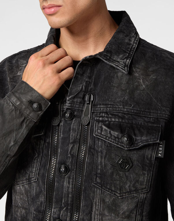 Zipped Denim Jacket Stones Skull