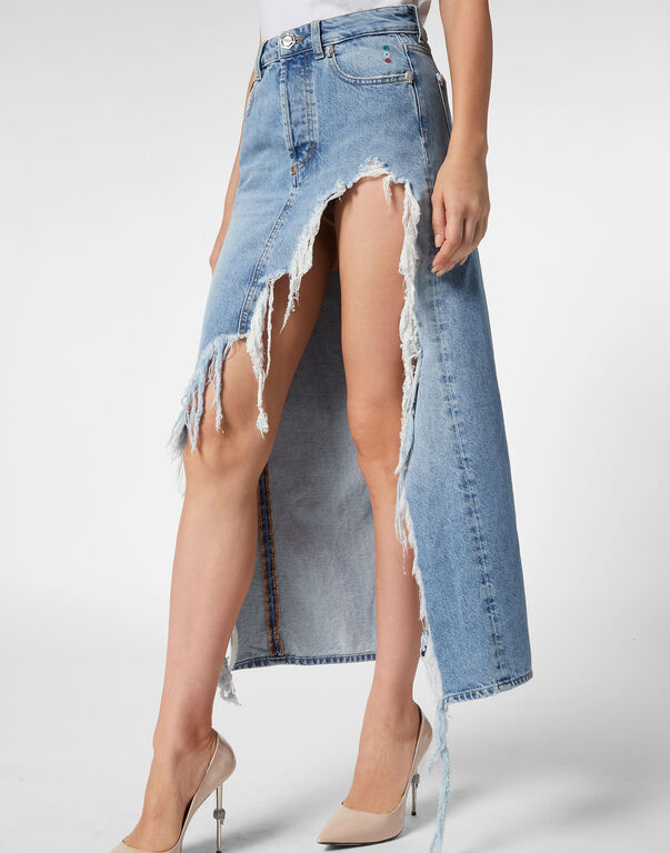 Destroyed Midi Denim Skirt Crystal Skull