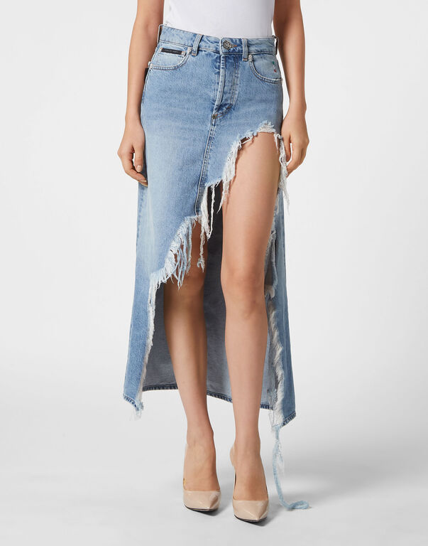 Destroyed Midi Denim Skirt Crystal Skull