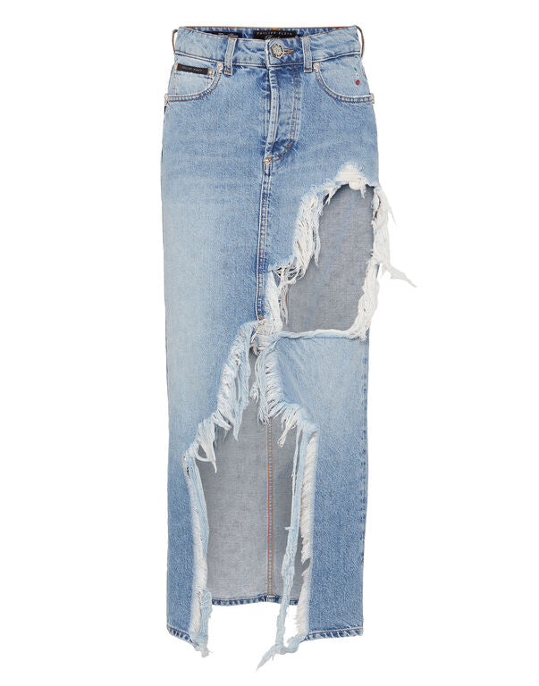 Destroyed Midi Denim Skirt Crystal Skull