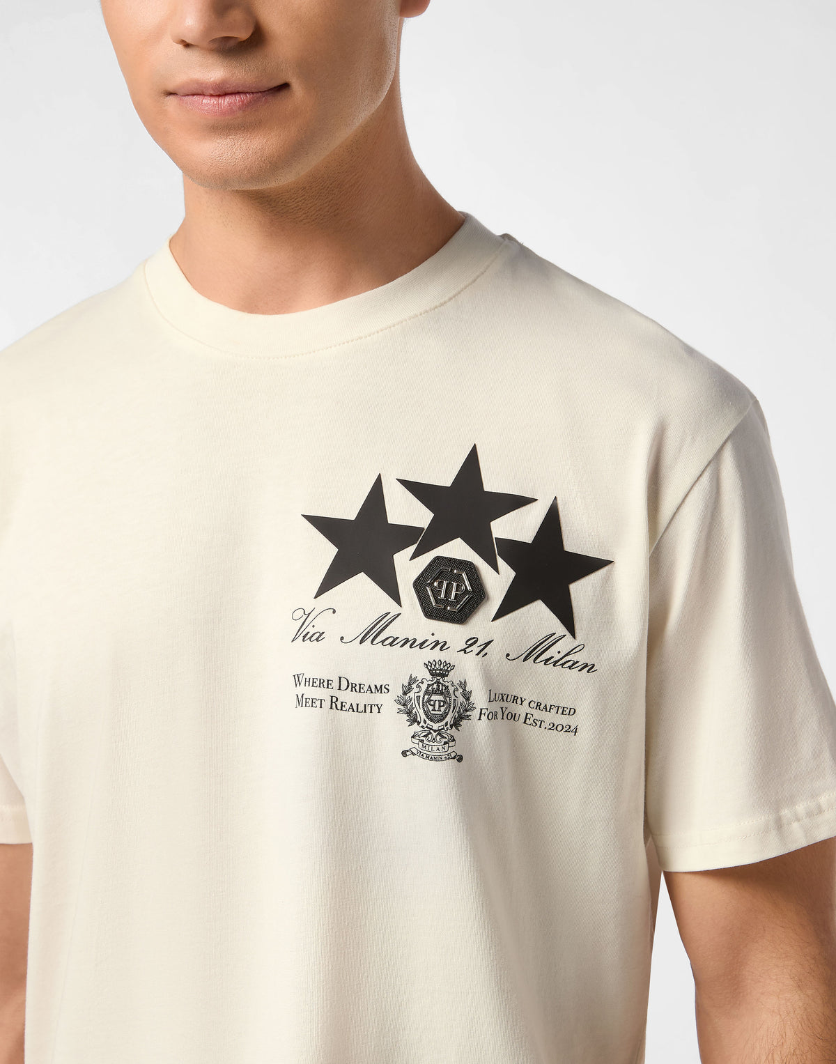 Round Neck T-Shirt Leather Patch Stars