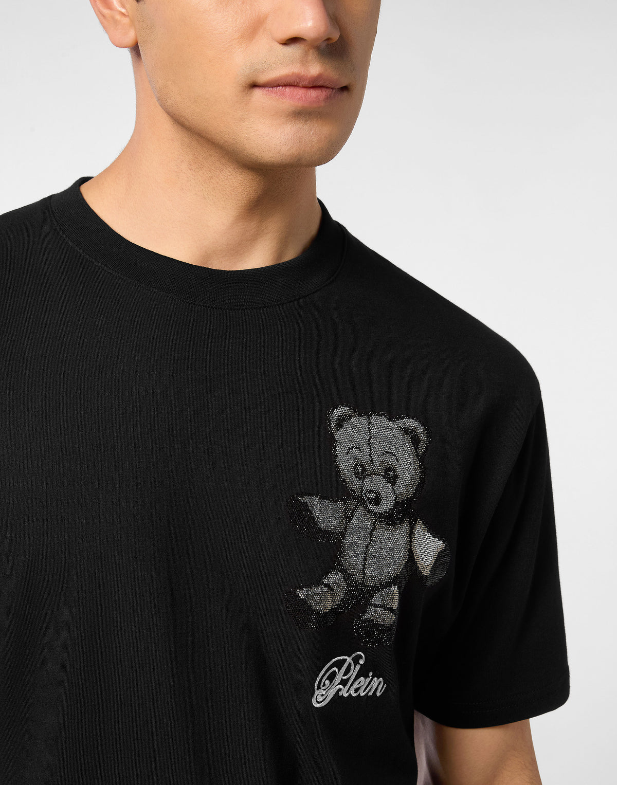 Embroidered Round Neck T-Shirt Strass Teddy Bear