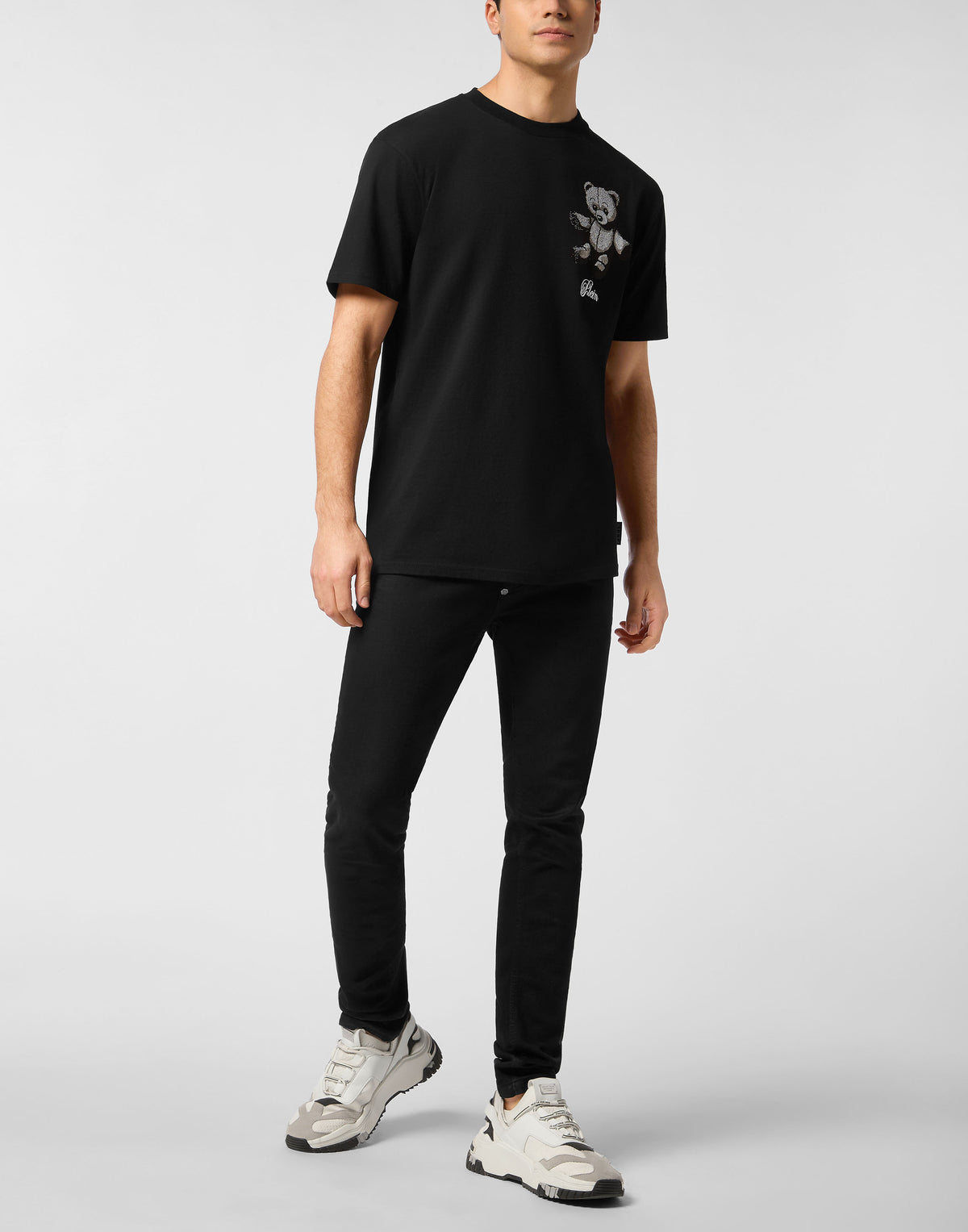 Embroidered Round Neck T-Shirt Strass Teddy Bear