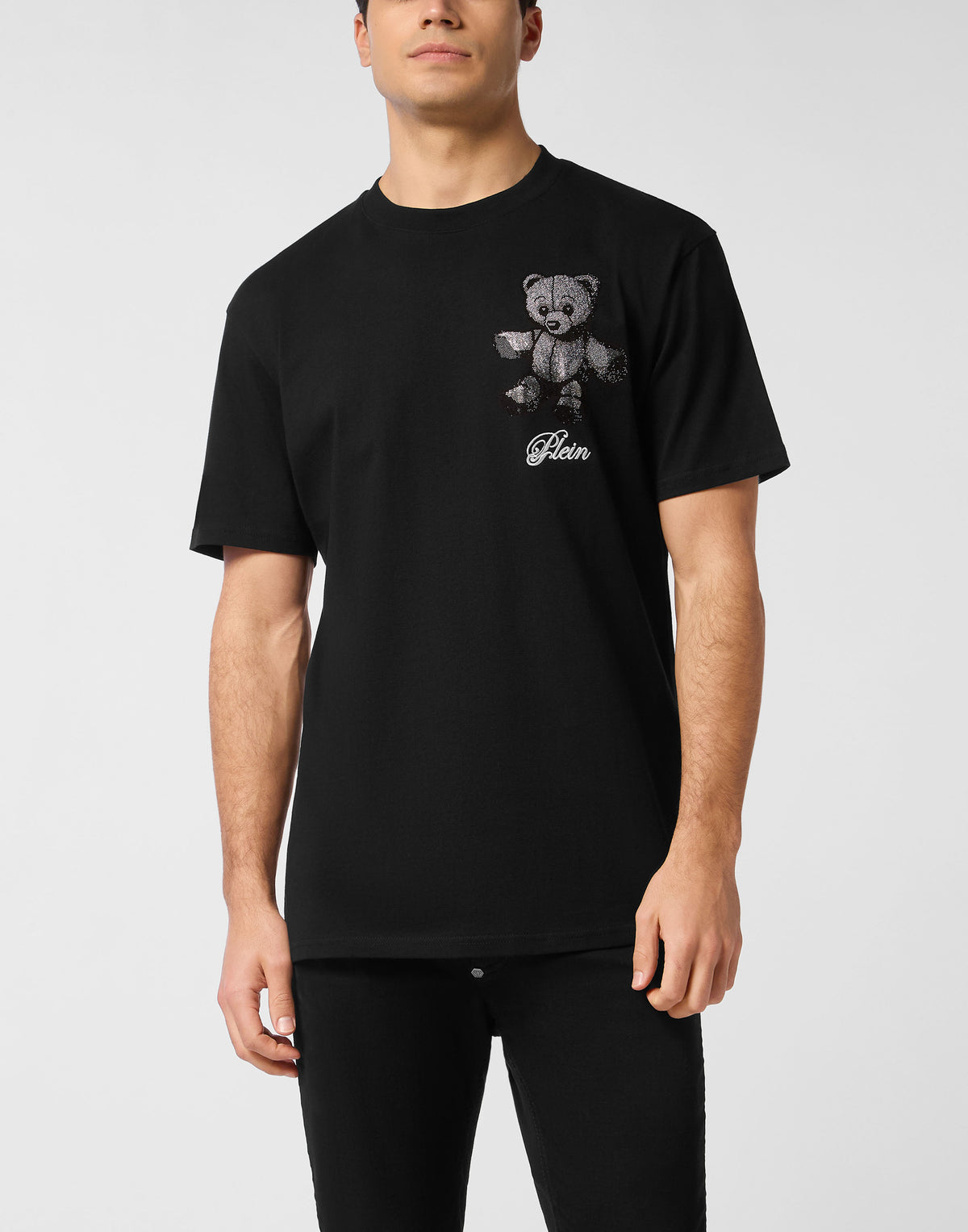 Embroidered Round Neck T-Shirt Strass Teddy Bear