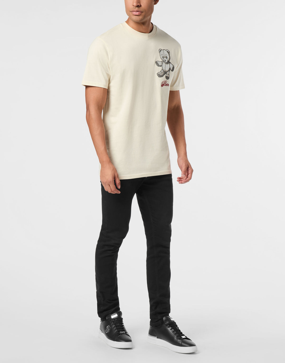 Embroidered Round Neck T-Shirt Strass Teddy Bear