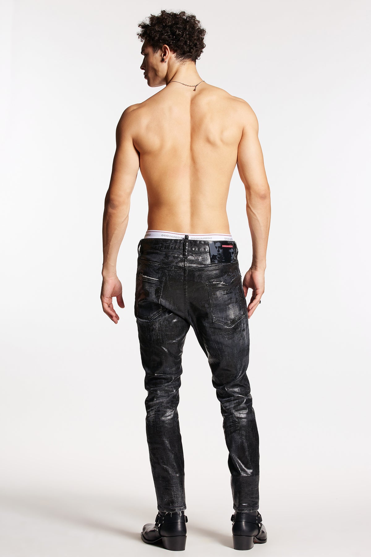 Black Shiny Coated Wash RELAX LONG CROTCH JEANS