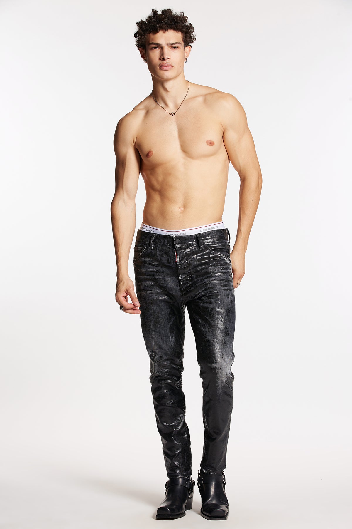 Black Shiny Coated Wash RELAX LONG CROTCH JEANS