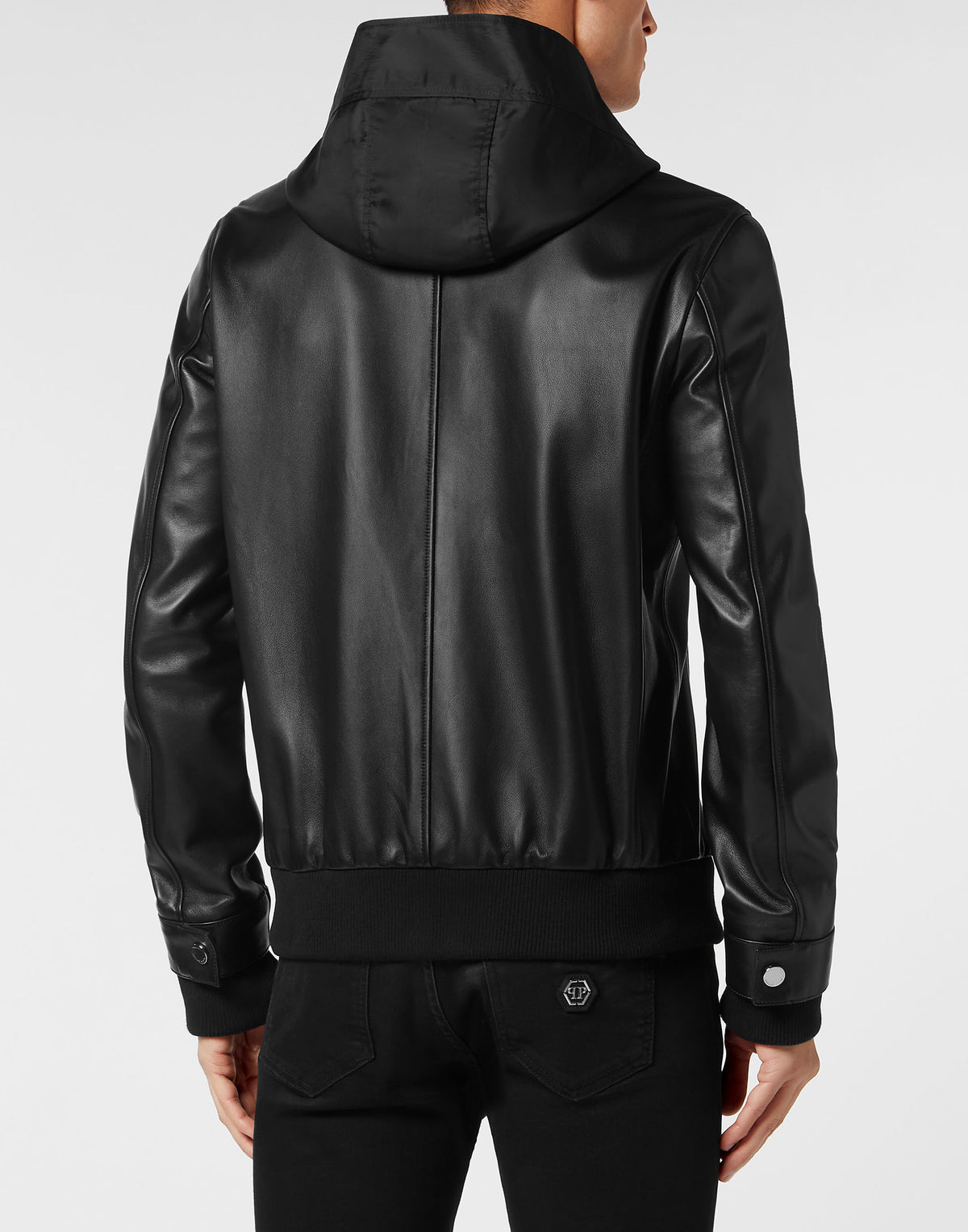 Leather Hooded Bomber with Satin Inserts