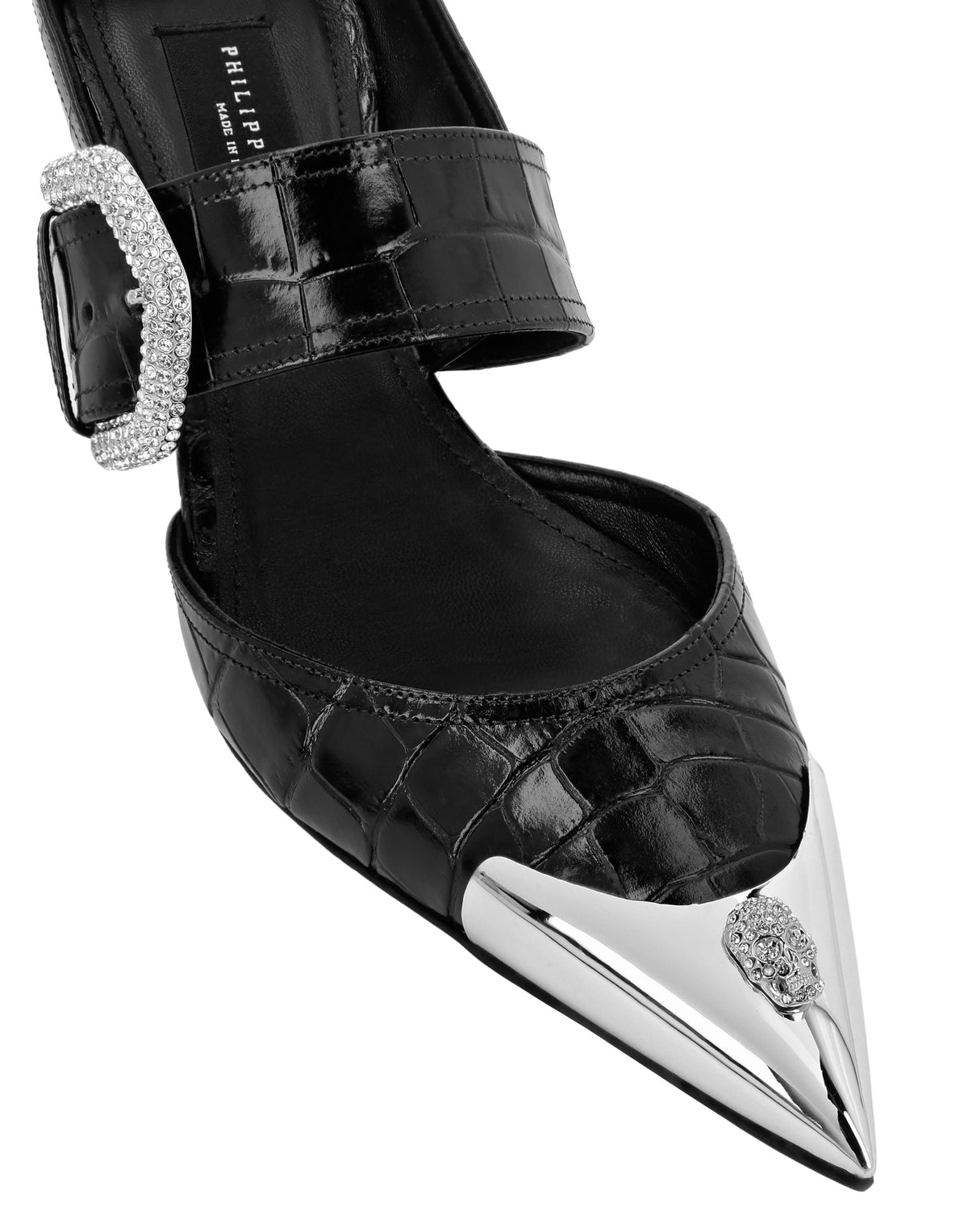 Croco Leather Mule Low Heels Skull strass-YC Group|Luxury Fashion
